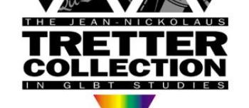 Logo for the Jean-Nickolaus Tretter Collection in GLBT Studies, with full name printed over a triangle broken up into sections with graphics of music notes, art, and a rainbow